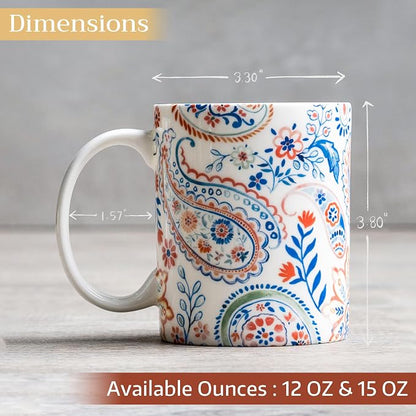 Maison d' Hermine Coffee Mug with Handles Tea Cups (15 Ounce, Pack of 1) | Fine Bone China Coffee Mugs for Hot Beverages Cappuccino Latte Home Restaurant Hotel Spring Summer -Indian Floral - Paisley