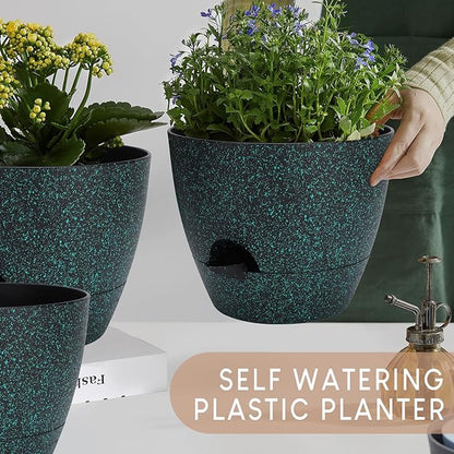Plant Pots 10/9/8/7.5/7 inch, Self Watering Planters with Drainage Holes & Saucers for Indoor and Outdoor Plants (Green Speckles)