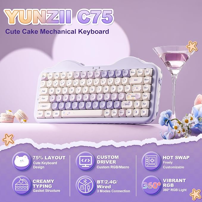 YUNZII C75 Cute 75% Wireless Mechanical Keyboard (Purple, Candy Switch) | Creamy Cake Keyboard, BT5.0/2.4G/USB-C, Hot-Swap, NKRO, PBT MOA Keycaps,5500mAh RGB Gasket Mount for Mac/Win/Gaming/Office
