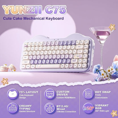 YUNZII C75 Cute 75% Wireless Mechanical Keyboard (Purple, Milk V2 Switch) | Creamy Cake Keyboard, BT5.0/2.4G/USB-C, Hot-Swap, NKRO, PBT MOA Keycaps,5500mAh RGB Gasket Mount for Mac/Win/Gaming/Office