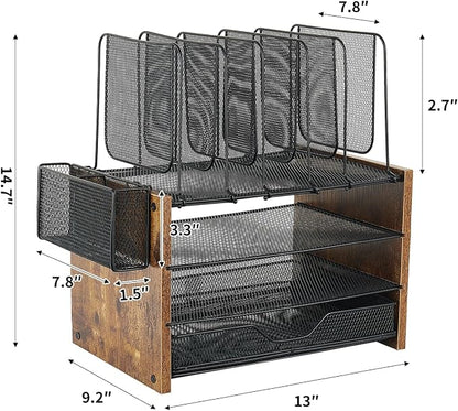 OPNICE Desk Organizer, 4-Tier Desktop File Organizer with Drawer and Pen Holders, Office Desk Accessories, File Sorters, Workspace Organizers for Office Supplies(Brown)