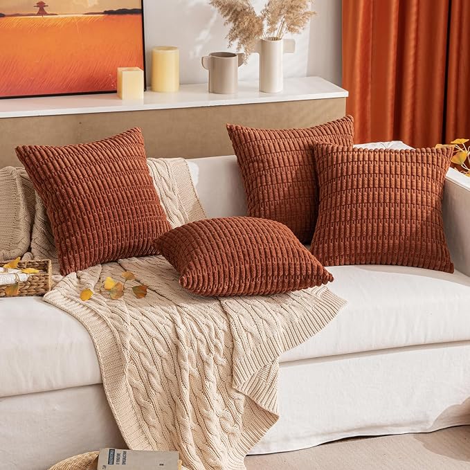 MIULEE Fall Pack of 2 Dark Rust Corduroy Decorative Euro Sham Pillow Covers 24x24 Inch Soft Boho Striped Throw Pillow Covers Modern Farmhouse Home Decor for Sofa Living Room Couch Bed