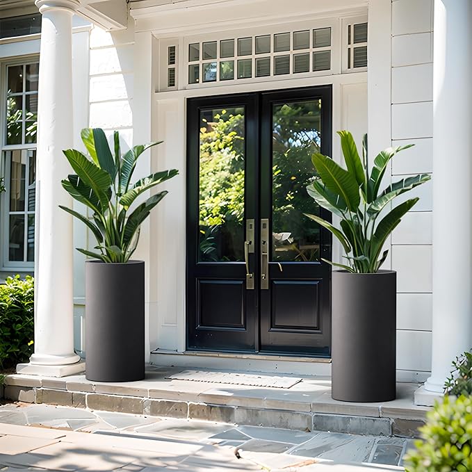 Kante 27.8 Inch Tall Cylindrical Planter, Large Round Plant Pots with Drainage Hole, Made with Concrete, Suitable for Indoor Outdoor Plants, Home Decor, Black