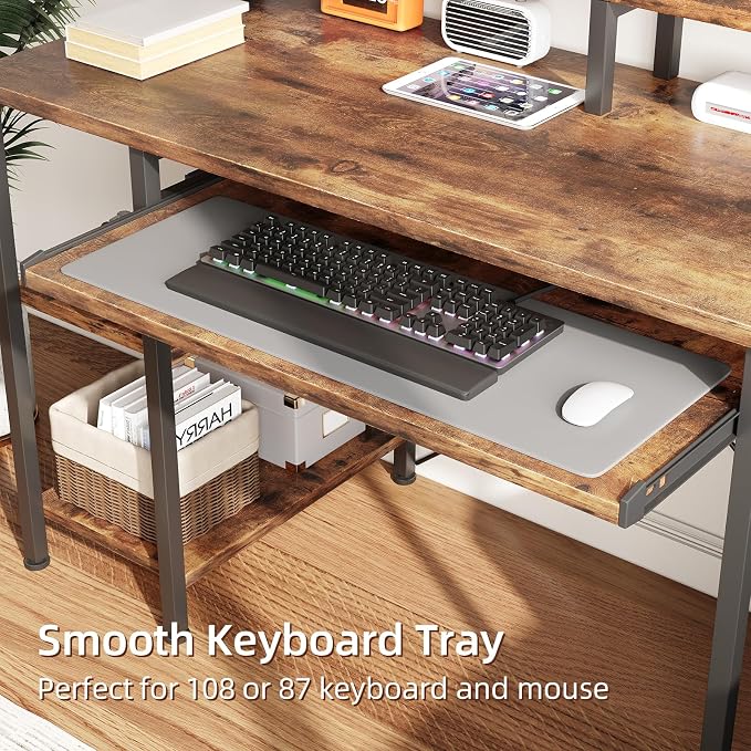 VERMESS 48Inch Computer Desk, Home Office Desks with Keyboard Tray, Gaming Desk with CPU Stand Shelf,Industrial Study Table Wide Writing Desk with Storage Shelves for 2 Monitors, Rustic Brown