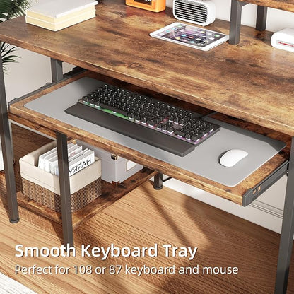 VERMESS 48Inch Computer Desk, Home Office Desks with Keyboard Tray, Gaming Desk with CPU Stand Shelf,Industrial Study Table Wide Writing Desk with Storage Shelves for 2 Monitors, Rustic Brown