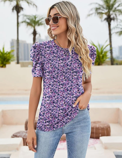 Ivicoer Puff Short Sleeve Shirt for Women Eyelet Tops Summer Crewneck Blouse Loose Fit S-XXL