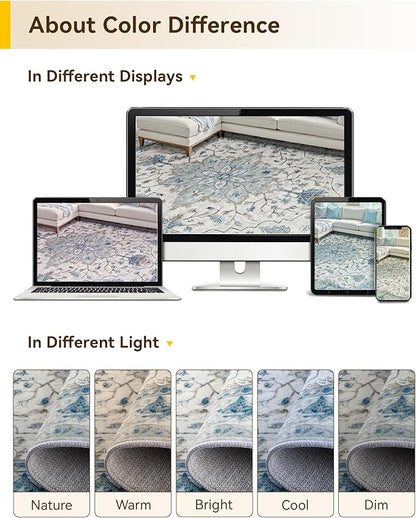 RELEANY Area Rugs Large 9'x12' Washable Non-Slip, Floral Vintage Distress Medallion Carpet for Living Room Bedroom Dining Room, Light Blue Navy Gray White