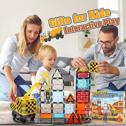 Magnetic Tiles Kids Construction Toys - Road Set with Magnet Crane for Boys Age 3-5 4-8 8-10, Magnet Building Blocks Expansion Pack Toy Car Track Train Set, Road, Dolls, Traffic Lights and Stations