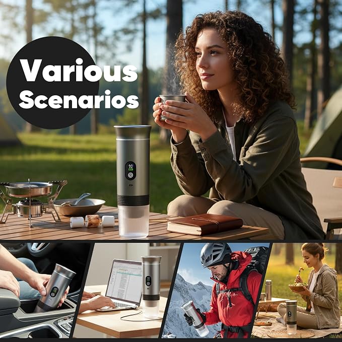 Portable Self-Heating Espresso Maker for Ground Coffee and Capsules | Rechargeable 80 ml travel coffee machine for camping, road trips and car use
