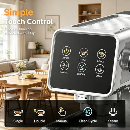 AMZCHEF 20 Bar Home Espresso Coffee Machine | LED Touchscreen, Built-in Milk Frother, Self-Cleaning Function, Makes Latte & Cappuccino, Ideal Coffee Starter Machine