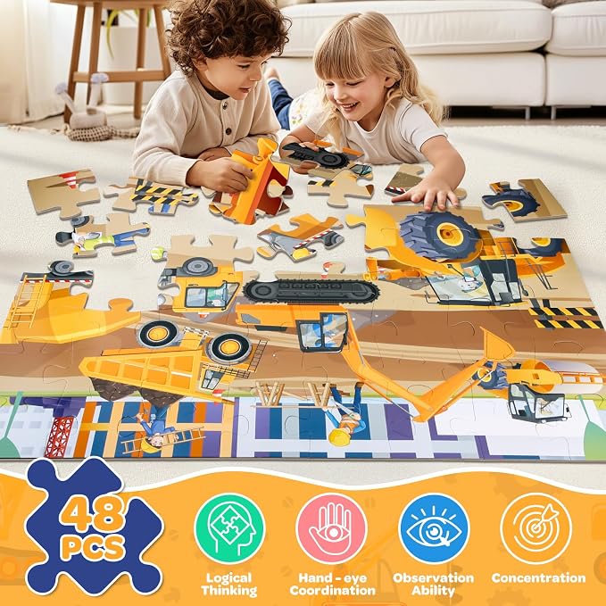 Jumbo Floor Puzzle for Kids Ages 4-6, 48 Piece Large Engineering Vehicles Jigsaw Puzzle, Extra-Thick Cardboard Preschool Learning Toys for Toddlers 3-5, Educational Gift for Boys Girls 3 4 5 6 7 8
