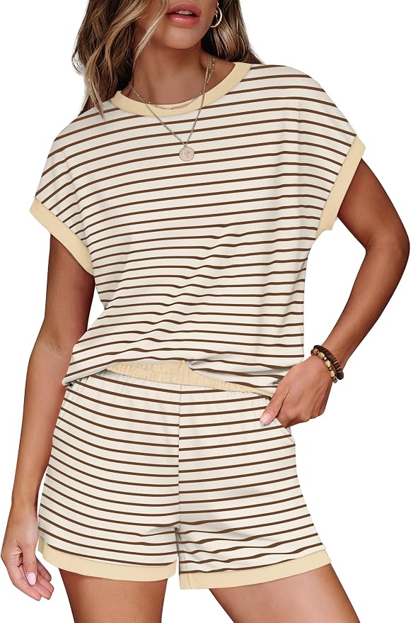 WIHOLL Two Piece Sets for Women Summer Lounge Short Sets Cap Sleeve Crew Neck Sweatsuit with Pocket XS-2XL