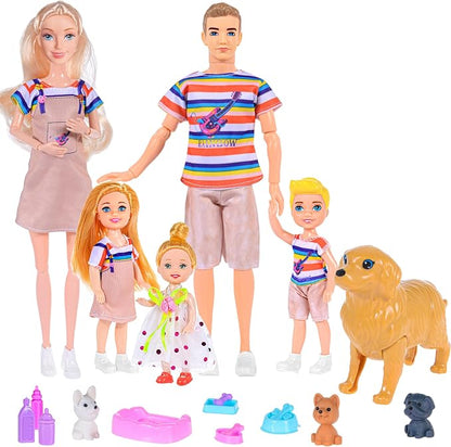 Family Dollhouse Dolls Playset - 6 People with Dollhouse Pets Included Pregnant Mom Dad 3 Kids and Accessories for 3-12 Years Old Toddlers Gift