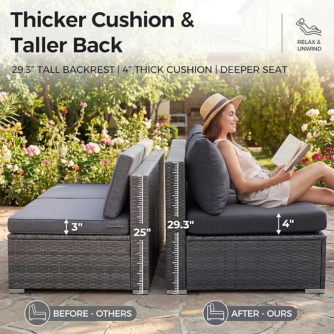 NICESOUL 9 Piece Modern Oversized Outdoor Patio Furniture Set with Firepit Table Propane/Natural Gas, 29.3'' High Back Deep Wide Conversation, Luxury 8 Seats Modular Sectional for Backyard, Gray