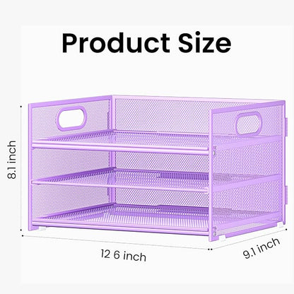 Subekyu 2-Pack 3-Tier Purple Metal Mesh Desk Paper Letter Tray & File Sorter Organizer with Handle + 1 Sliding Tray for Desk, Home, Office, School Supplies, A4 Paper and Accessories Storage
