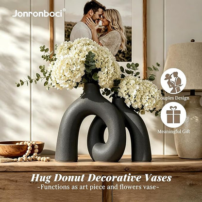 Hug Donut Decorative Vase Set - Dark Gray Modern Minimalism Industrial Style Vases Home Decor, Matte Ceramic Decorations for Living Room Shelf, Bookshelf Mantle Entryway Table or Console Décor(Gray)