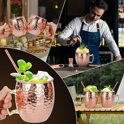 Amrules Moscow Mule Mugs Set of 4, 16 OZ Hammered Copper Cups with 304 Stainless Steel Lining and Gold Brass Handles, Includes Straws, Opener, Jigger, Brush, Fit for Cold Drinks, Bars, Parties