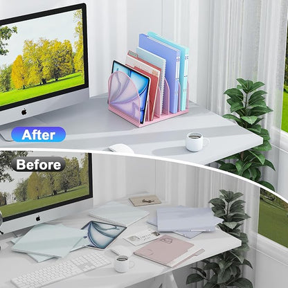gianotter Desktop File Organizer with 5 Compartments | Desk Organizer Paper Organizer for Desk Workspace Organizers for Office Supplies (Pink, Upright Style)