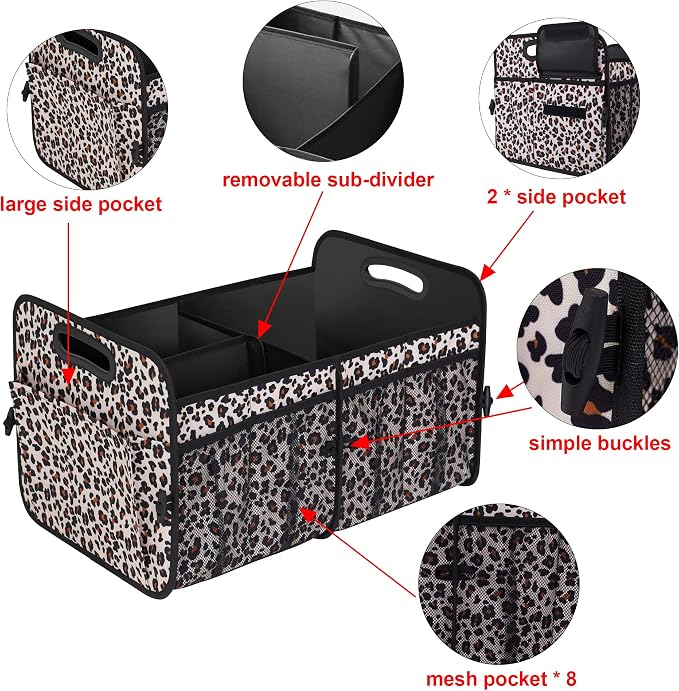 Femuar Car Trunk Organizer, Large Capacity Collapsible Trunk Storage with 11 Pockets, Waterproof, Non-Slip, Suitable for Car, SUV, Truck, Van, Jeep, Sedan, Leopard Print