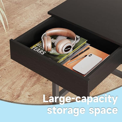 Mexin Small Black Desk with 2 Wooden Drawers, 40 Inch Home Office Writing Desk, Black Vanity Desk with Storage, Computer Desk for Bedroom Small Spaces, Table for Office, Work, Kids Study, Makeup