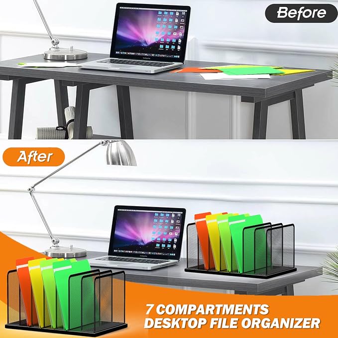 Kuntine.B 7-Section Upright Desk File Organizer Black 2 Pack | Vertical, Mesh, Metal, Assembly, Stability, Sturdiness, Organization, Standing