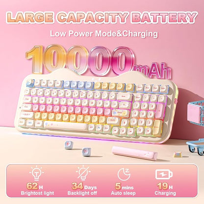 YUNZII C98 Cute Cake Wireless Mechanical Keyboard (Beige, Candy Switch) | 99 Keys with Number Pad, Hot Swap, PBT MOA Keycaps, BT5.0/2.4G/USB-C, Gasket Mount, Custom RGB Backlit for Win/Mac