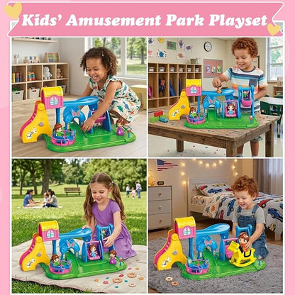 Building Toys Kids Playground Set, Pink Amusement Park Toy Playset with 4 Doll Figures, Swing Slide Rocking Horse & Spinning Ride, Pretend Play Dollhouse for Girls 3 4 5 6 7, Gift for Kids