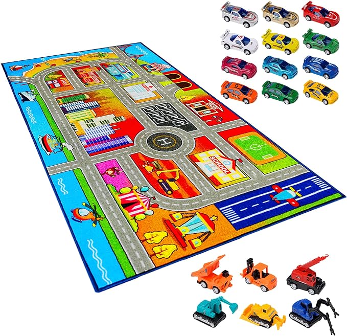 Booooom Jackson Kids Carpet Playmat Rug with 18 Toy Cars Kids Rug for Age 3+ Colorful Non Slip City Rug for Kids Track Rug Play Mat Playroom Bedroom Classroom Nursery Rug