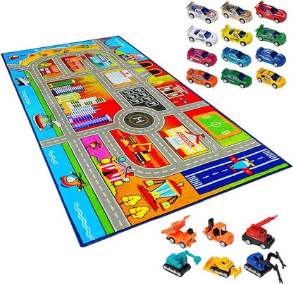 Booooom Jackson Kids Carpet Playmat Rug with 18 Toy Cars Kids Rug for Age 3+ Colorful Non Slip City Rug for Kids Track Rug Play Mat Playroom Bedroom Classroom Nursery Rug