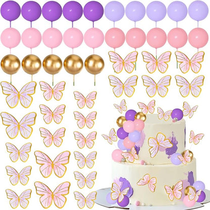 Pink Purple Butterfly Cake Toppers 47Pcs Pastel Balls Cake Toppers Butterflies Cupcake Decoration Balls Cupcake Insert Foam Balloons Cake Topper for Baby Shower Wedding Bridal Shower Party