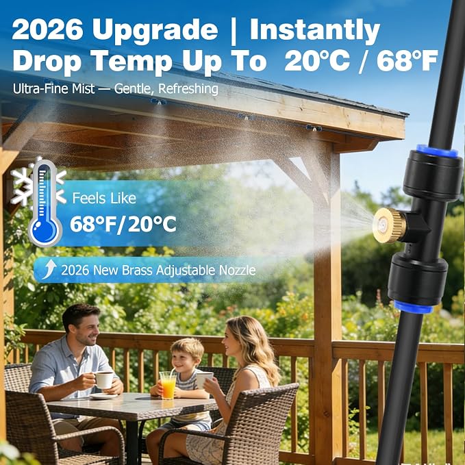 Mellbree Misters for Outside Patio 60FT/18M, Pre-Assembled Misting Cooling System with 19 Brass Nozzles & 3/4" Adapter, Outdoor Mister for Garden, Backyard, Pool, Greenhouse, Play Area, Trampoline