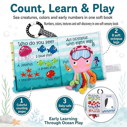 Fish Baby Books Toys, Touch Feel Cloth Crinkle Books for Babies,Baby Infant Toys 0-6, 6-12,12-18 Months,Newborn,Early Learning Education, Baby Gifts Shower for Boys Girls,Teething, Mirror,Shark Ocean