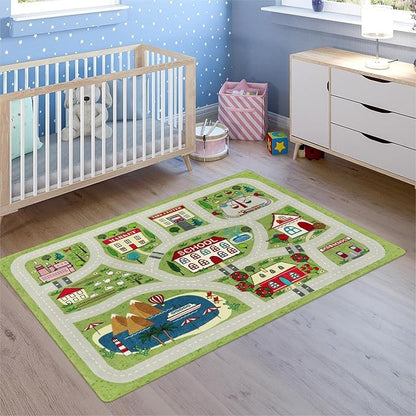 LIVEBOX Green Kids Rug for Kids Room, 3'x5' Washable Road Rug for Playroom, Non-Slip Soft Toy Car Rug for Baby Nursery, Small City Traffic Playmat for Boys Girls Dorm Bedroom Tent