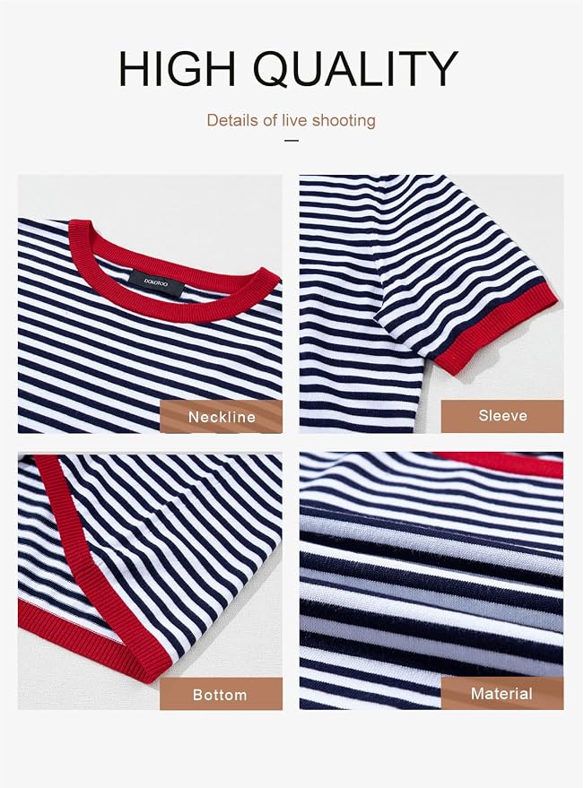 Dokotoo Womens Tops 2026 Casual Summer Crewneck Short Sleeve Striped Color Block Knit High Low Trendy Pullover Sweaters