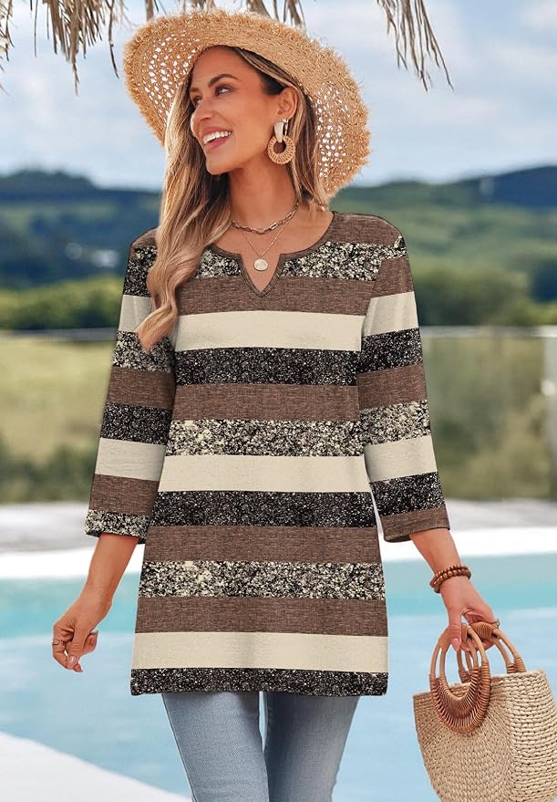 OFEEFAN Summer Boho Tops For Women 3/4 Length Sleeve Womens Tops Vacation Outfits