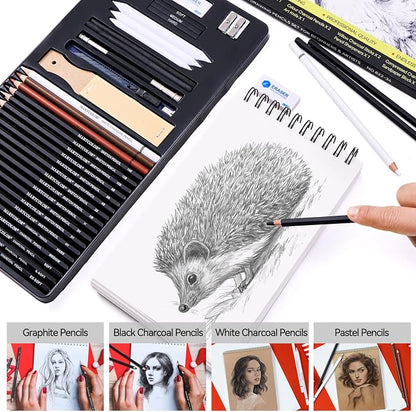 MARTCOLOR Drawing Sketching Pencils Set, 34 Pieces Pro Art Pencil Kit - Graphite Pencils (14B-4H), Charcoal Pencils, Charcoal Sticks, Artist Pencils for Beginners & Pro Artists