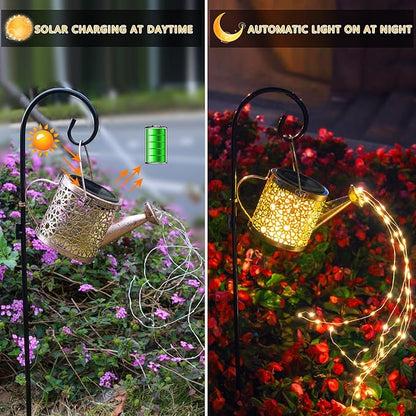 Solar Lights Outdoor Decorative, Metal Watering Can Lights Waterproof, Small Hanging Garden Decor Yard Outside Patio Lawn, Gifts for Mom Grandma Women Birthday(Warm White)