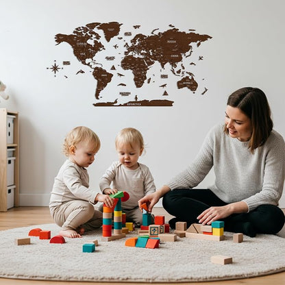 Colorfull Worlds, Multilayer 3D Wooden World Map, Travel Map States and Capitals, Wall Decor For New House, Gift For Travelers, Office Decor, Birthday Present, Living Room Decoration (XL, Light Brown)