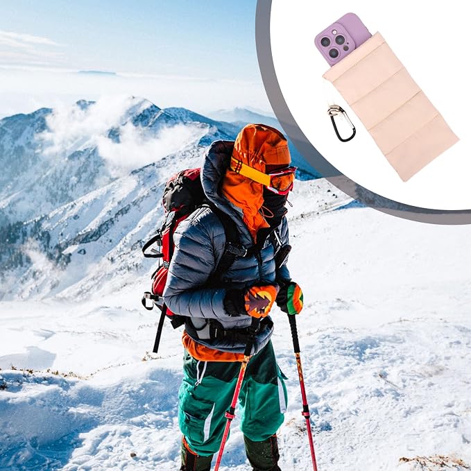 Lyreh Thermal Phone Pouch with Carabiner, Down Cotton Winter Insulated Warm Case Cover Bag Accessories Gift Prevents Freezing & Overheating Cellphone Sock for Outdoor Camping Hiking Skiing (Beige)