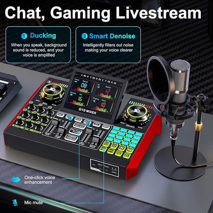 Podcast Microphone Bundle with Live Sound Board Audio Mixer, Podcast Equipment Bundle with 3.5mm Condenser Microphone(P15) for Pc/Phone Live Streaming Singing Gaming, Voice Changer, Denoise