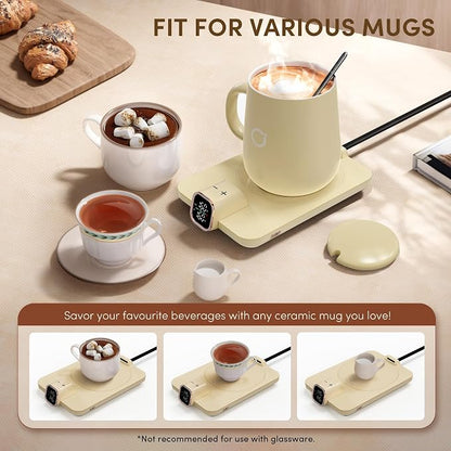 Coffee Cup Warmer & IKAGO Mug Set, 1℉ Precise Temp Control Mug Warmer | Auto Shut Off, Infrared Sensor, Dual Temp Display, ℉/℃ Optional, 15oz Mug with Spoon & Lid Included, Gifts for Men Women