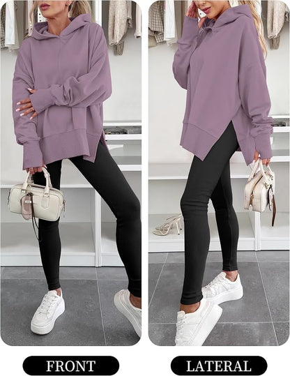 ANRABESS Womens Oversized Hoodies Long Sleeve Fleece Side Slit Hooded Sweatshirts Pullover 2026 Fall Outfits Y2K Clothes
