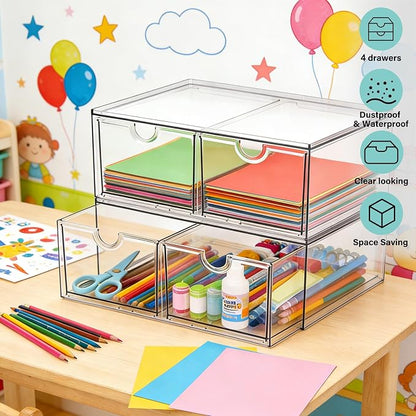 Prsildan Acrylic Storage Drawers Clear Makeup Organizer with 4 Drawers | Transparent, Stackable, For Vanity Bathroom Kitchen Cabinets Office Desk Undersink, Cosmetics Toiletries Home Small Items