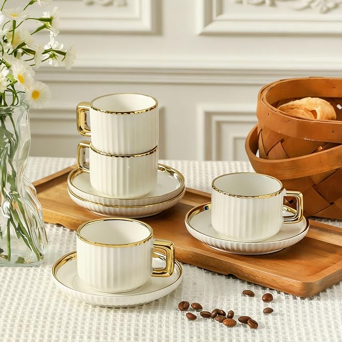 LETAOTAO Espresso Cups Set of 4, 3oz Espresso Cups and Saucers | Ceramic Coffee Cups with Gold Trim, Stackable Mini Demitasse Mugs for Espresso, Cappuccino,Latte, Americano and Tea