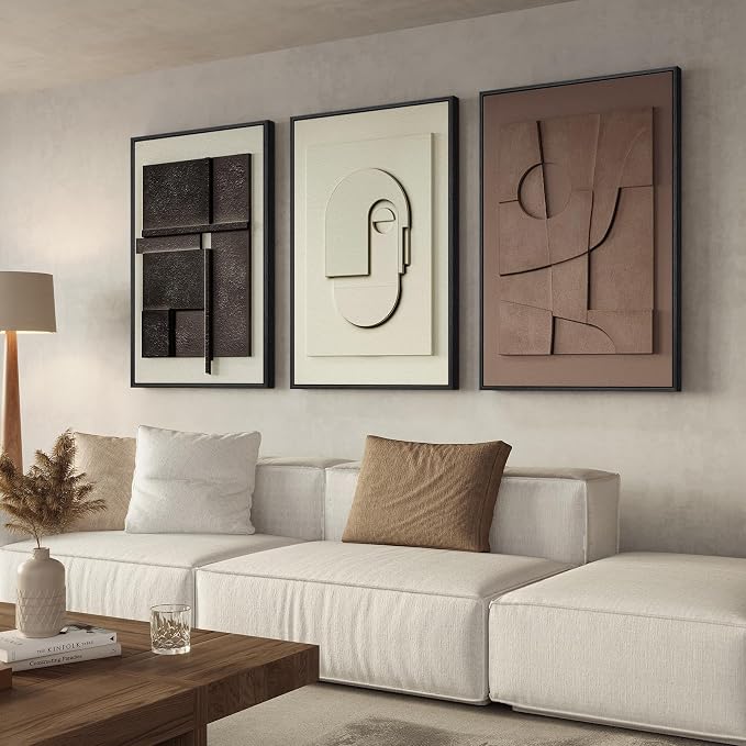 Framed Abstract 3D Textured Wall Art for Living Room, 3 Piece Modern Neutral Artwork for Walls, Brown White Geometric Sandstone Textured Painting for Bedroom, Home Office Decor-Total Size 30x60 Inch
