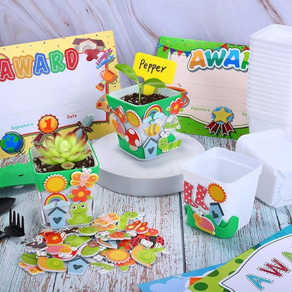 Elcoho 36 Set Garden Plastic Pot Craft Kit Plant Spring Craft Kits for Kids Flower Pots with 150 Foam Stickers 36 Labels 24 Certificate of Awards 3 Tools Planting Growing Kit for Kids, White
