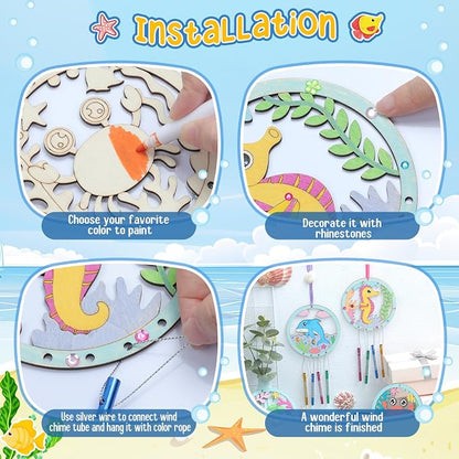 12Pack Wind Chime Kit for Kids Make Your Own Ocean Animals Wind Chime DIY Coloring Wood Crafts Summer Wooden Arts and Crafts Under Sea Ornaments for Boys Girls School Activities Party Decoration