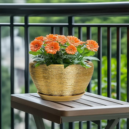 Ceramic Planter 11 Inch - Indoor Plant Pot with Drainage Hole and Saucer Large Planter for Outdoor Plants Mid-Century Decorative Flower Pot for Home Decor Gold