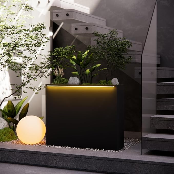 GSK Black Metal Planter Box with LED Light 30"H×10"W×37.9"L Span Rectangular Flower Trough Lighting Up Indoor Rectangle Insert Drainage Holes Garden Plants Outdoor Separation Space Garden Patio Porch