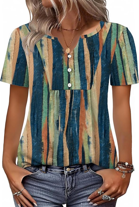 Zeagoo Womens Short Sleeve Tops Summer Henley V-Neck Tshirts Casual Pleated Blouse Dressy Loose Floral Basic Tee